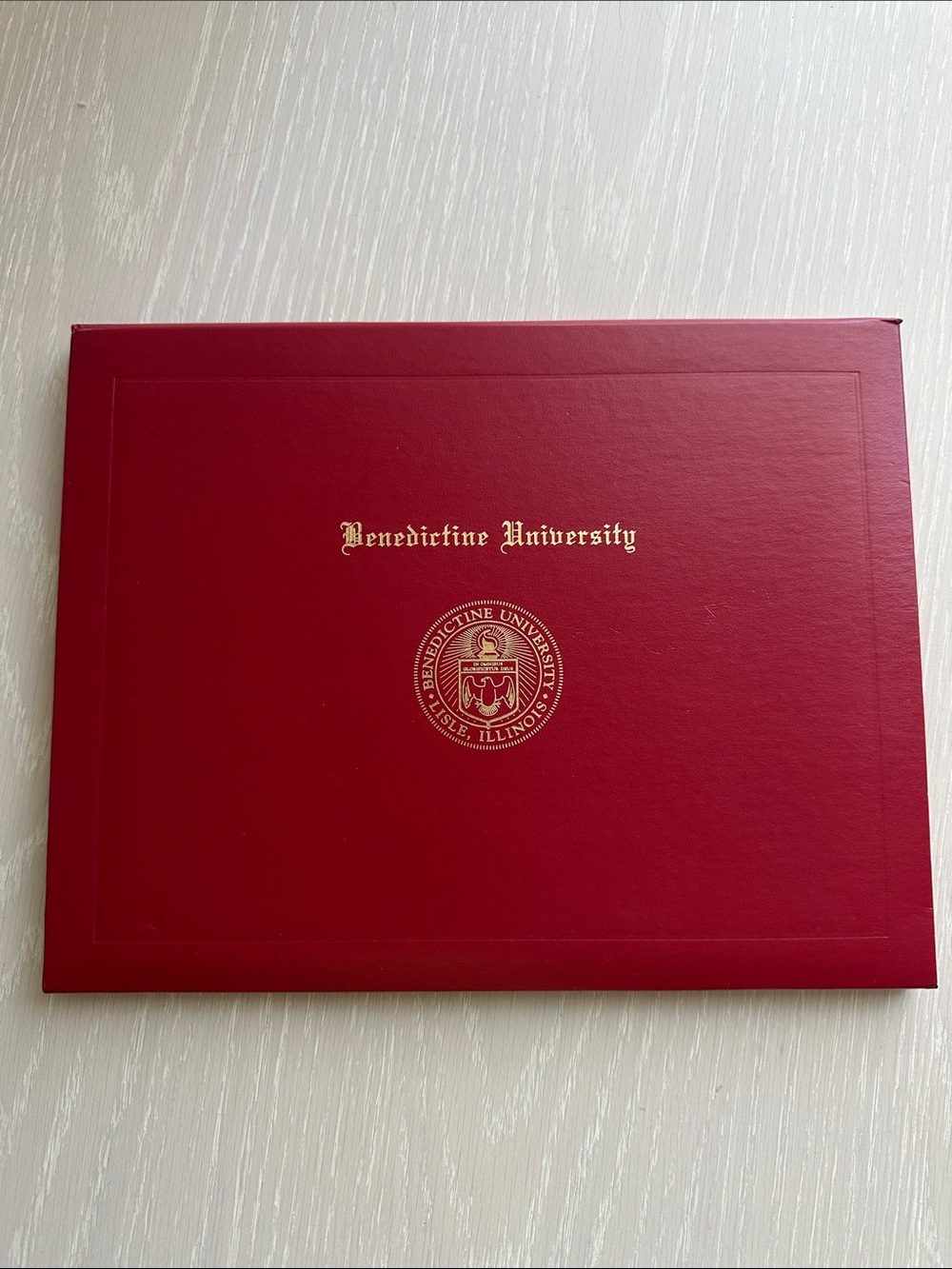 Benedictine University Lisle Illinois Diploma Cover 9”x11.5” Red Gold Unused